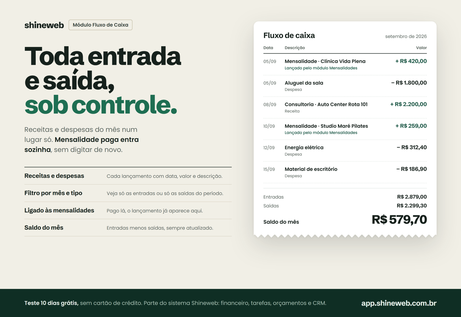 Tela do módulo Fluxo de Caixa no sistema de gestão Shineweb