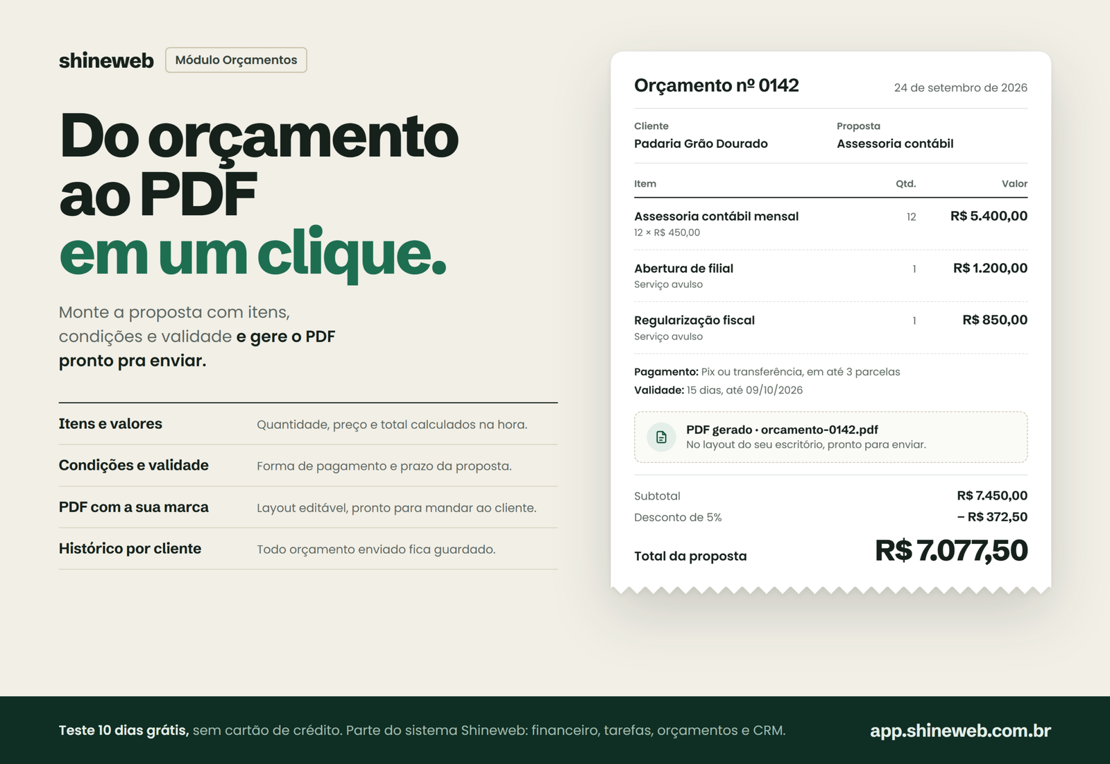 Tela do módulo Orçamentos no sistema de gestão Shineweb
