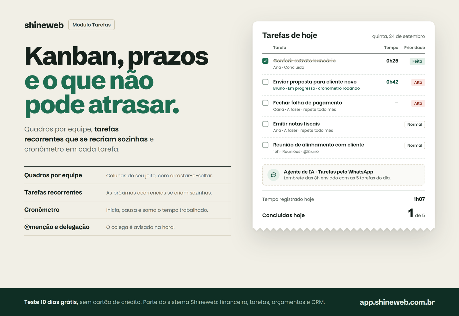 Tela do módulo Tarefas no sistema de gestão Shineweb